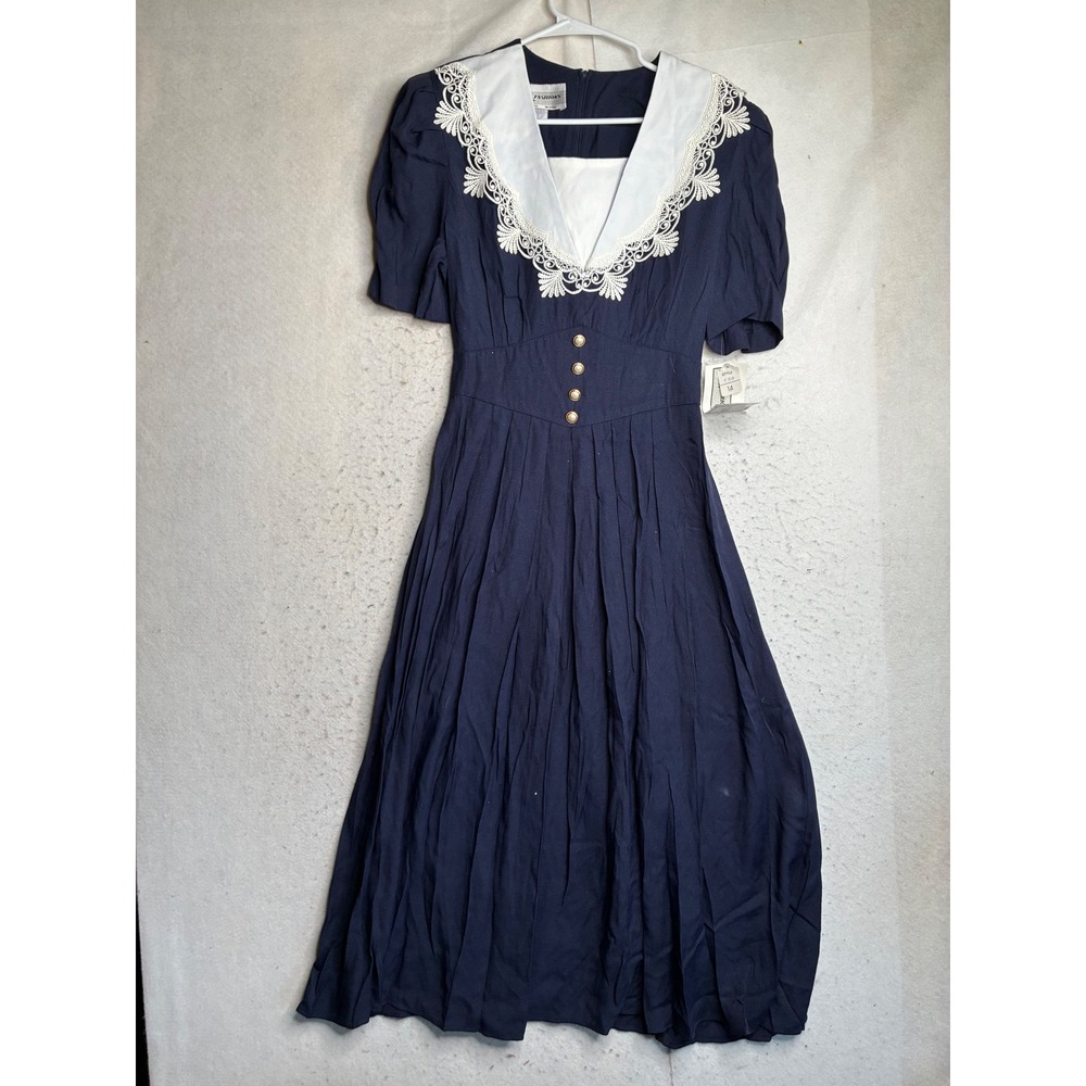Vintage SL Fashions Navy Blue Lace Portrait Collar Midi Dress Pearl Button Sz 14
